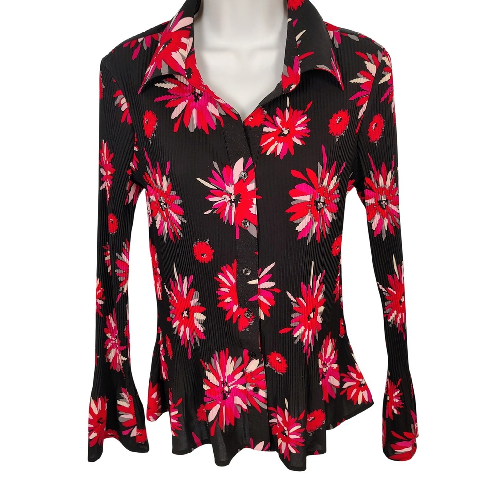 Christopher & Banks Womens Medium Black Pink Floral Plisse Pleated Button Up Top